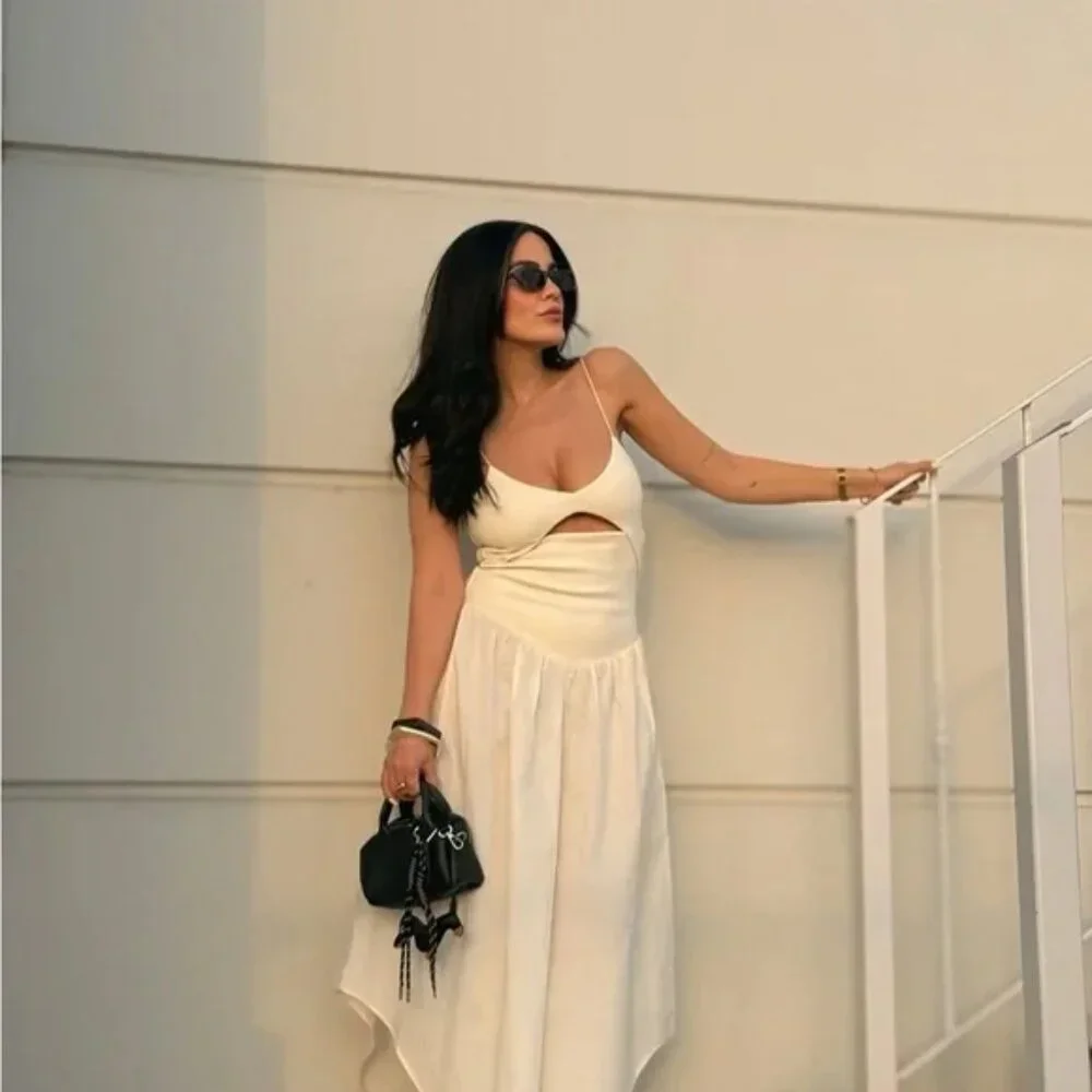 Zara Cutout Combination Midi Dress Ecru White NWT Size Large - Picture 3 of 10